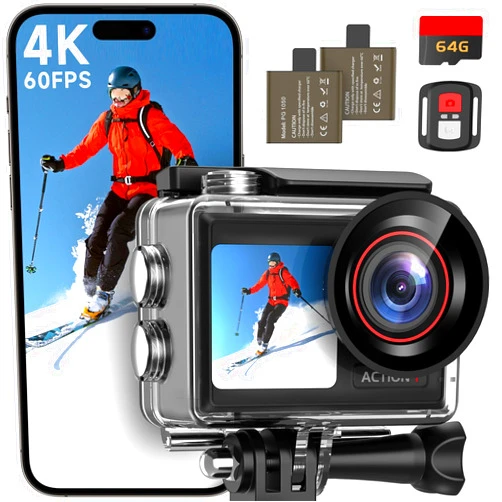 ODDV 4K60FPS 30MP Action Camera with Front LCD and Touch Rear Screens, Underwater Camera with 64GB Memory Card, 132FT Waterproof Camera, EIS, 5X Zoom, WiFi Remote Control（Black）