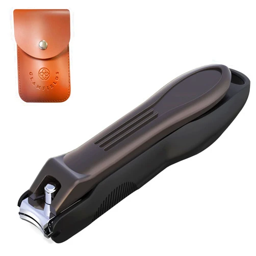 GLAMFIELDS Nail Clippers with No Splash Storage Box, Large Fingernail Toenail Clipper Detachable Easy Clean Nail Cutter Trimmer with Nail Files for Men & Women, Leather Case Packed(Black -1Pack)