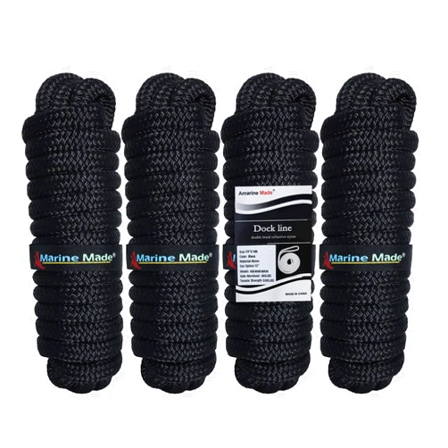 Amarine Made Dock Line Double Braided Nylon Dock Lines 3300 lbs Breaking Strength (L: 15 ft. D:3/8 inch Eyelet: 10 inch) 4 Pack Marine Mooring Rope Boat Dock Lines with Loop Working Load Limit:660 lbs