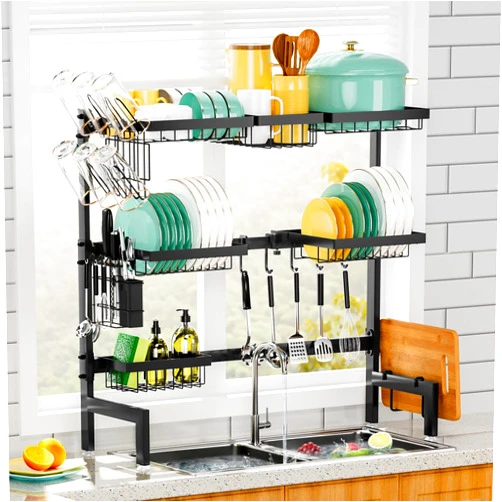 HOWDIA Over The Sink Dish Drying Rack,Expandable Length 3-Tier Large Stainless Steel Over The Sink Dish Rack with 6 Baskets, Utensil Holder Dish Drainers for Kitchen Counter