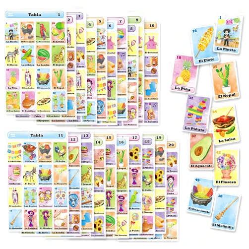 More Fiesta Fiesta Tablas Game, Mexican Bingo for 20 Players - Full Deck of Cards 20 Playing Boards