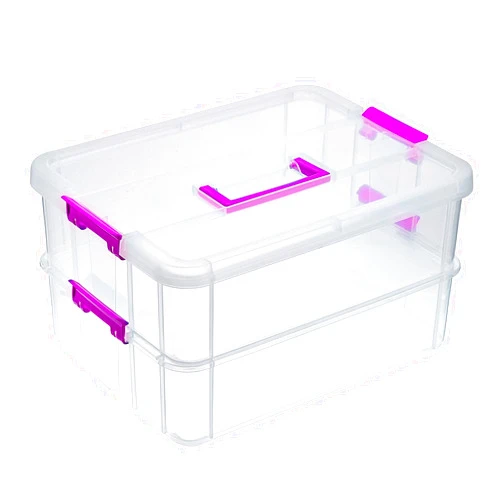 BTSKY 2 Layer Stack & Carry Box, Plastic Multipurpose Portable Storage Container Box Handled Organizer Storage Box for Organizing Stationery, Sewing, Art Craft, Jewelry and Beauty Supplies(Purple)