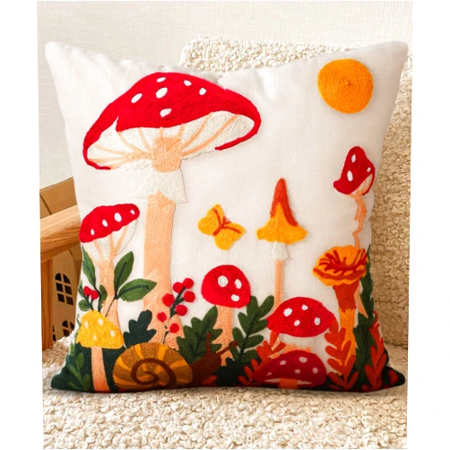Kokaaee Embroidered Throw Pillow Cover 18x18 Inch - Spring Summer Boho Decorative Pillow Cover with Zipper for Living Room Couch Sofa Bed Aesthetic Design Mushroom Moon Cushion Pillowcase