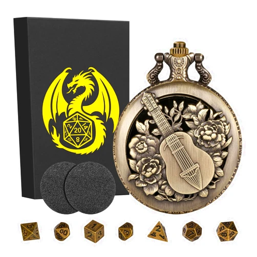 Keller & Weber Mini DND Dice Set Steampunk Hollow Bard Pocket Watch Shell Case, 7pcs Tiny Polyhedral Metal D&D Dice Set, DND Gifts with Gift Box, Role Playing Board Games Accessories, Bronze