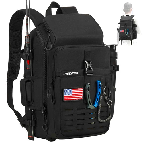 Piscifun Fishing Tackle Backpack with Rod & Gear Holder, Lightweight Fishing Tackle Storage Bag with Protective Rain Cover