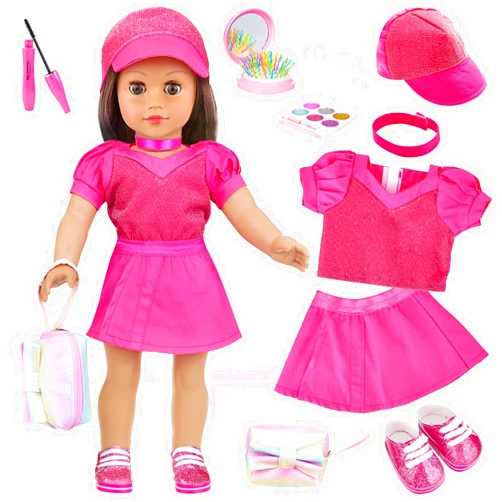 UNICORN ELEMENT American 18 Inch Doll Clothes and Accessories Makeup Sets, Doll Outfit Dress for 18 Inch Girl Dolls, Cosmetic Bag Including Eye Shadow, Mascara, Comb, Shoes, Hat (Doll No Included)
