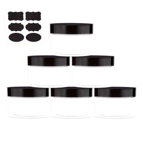 ZIZEMOJA 4 oz Plastic Jars with Lids, Round Clear Cosmetic Jars, Wide-mouth Plastic Containers with Inner Liners and Labels for Beauty Products, Makeup, Lotions, Body Scrub, Creams (Black Lid, 6 Pieces)