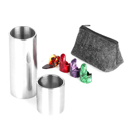 Mr.Power Guitar Slide Chrome Stainless Steel Finger Slides, Long and Short Set Metal Guitar Tube Tone Ring, for Electric Acoustic Guitar Bass, Celluloid Thumb & Finger Picks Plectrums + Portable Bag
