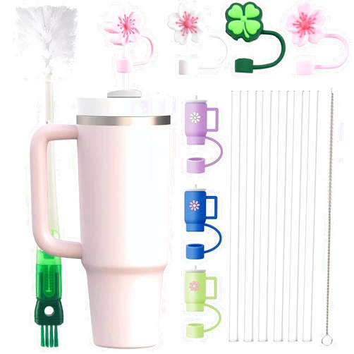 Rogisi Reusable Replacement Straws with Cover Caps for Stanley Yeti Owala Simple Modern 40oz 30oz 20oz Cup Tumbler, Plastic Straws with Topper, Cleaning Brush and Bottle Brush for Stanley Cup Accessories