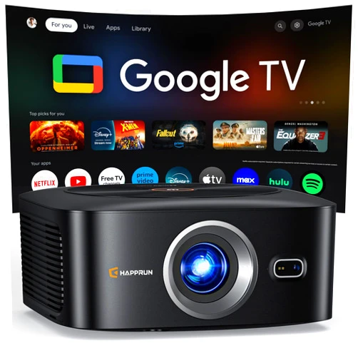 HAPPRUN 1500 ANSI Official Licensed Google TV Smart Projector, HAPPRUN 4K Full HD Home Theater with Auto Focus, Dolby Sound, Wi-Fi Bluetooth, Built-in Apps, Compatible with Phone & PC, Indoor & Outdoor Use