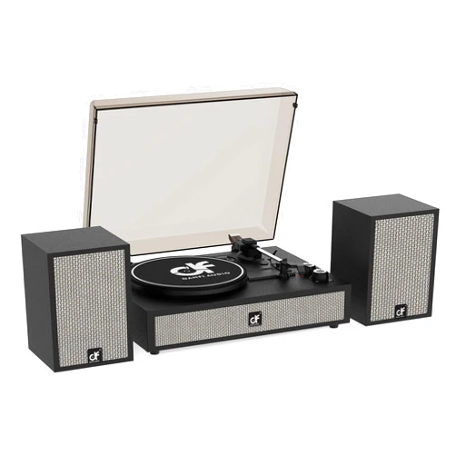 DANFI AUDIO DF Vinyl Record Player with External Speakers, Wireless Bluetooth 3 Speed Vintage Record Player and Speakers Retro Turntable with Stereo Speakers, RCA Line-Out and AUX-in, Black