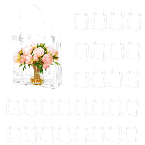 WDSHCR 50 Pcs Clear Gift Bags with Handles Plastic Gift Bags Transparent Reusable Tote Bags Candy Goodie Bags for Mother's Day Boutique Wedding Birthday Baby Shower Party (7.8 x 7.8 x 3.1 Inch)