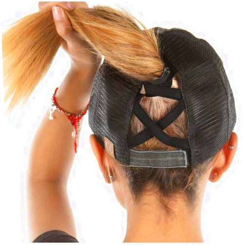 Funky Junque Criss Cross Hat Womens Baseball Cap Distressed Ponytail Messy Bun Trucker Ponycap