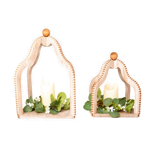 HPC DEC R OUR HAPPY PLACE HPC Decor 2 Pack Rustic Farmhouse Lantern Decor,Vintage Wood Beaded Lanterns,Brown Candle Lanterns Decorative w/LED Lights String and Garland for Home, Indoor,Outdoor,Table, Fireplace, Mantle Decor