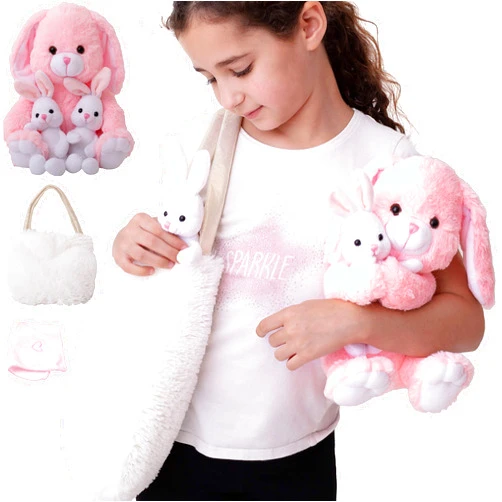 Perfectto Design Bunny Toy, 4 Pcs Set. Mommy, 2 Baby Rabbit Toys, XL Furry Bag and Doll Blanket. Age 3-8