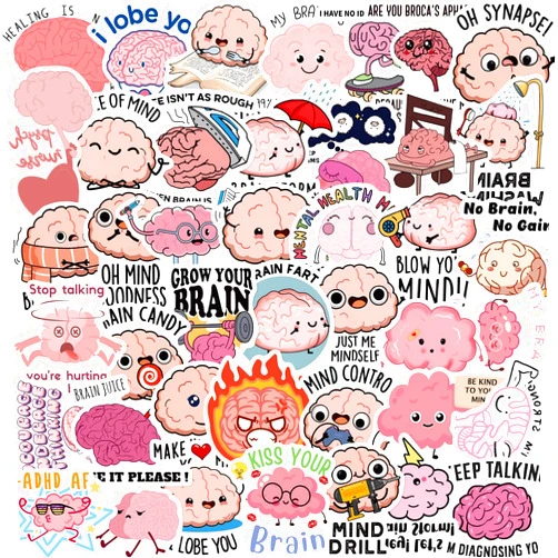 Lemorni Funny Brain Stickers for Kids,Teens,Adults, 50PCS Cute Cartoon Brain Stickers Bulk,Vinyl Waterproof Mental Stickers for Water Bottle,Laptop,Phone,Scrapbook,Body Organ Biology Decals