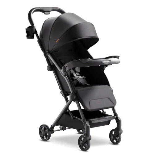 Mompush Lithe V2 Lightweight Stroller + Snack Tray, Ultra-Compact Fold & Airplane Ready Travel Stroller, Near Flat Recline Seat, Cup Holder, Raincover & Travelbag Included