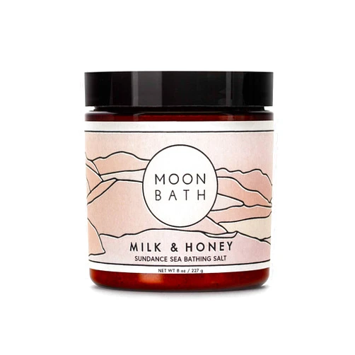 Moon Bath Milk + Honey Sundance Sea Bath Salts | Exfoliating Body Scrub & Bath Soak w/Frankincense, Bergamot & Lavender Essential Oil. Relax, Soothe Muscles, Detox | Organic Body Care, 8 oz.