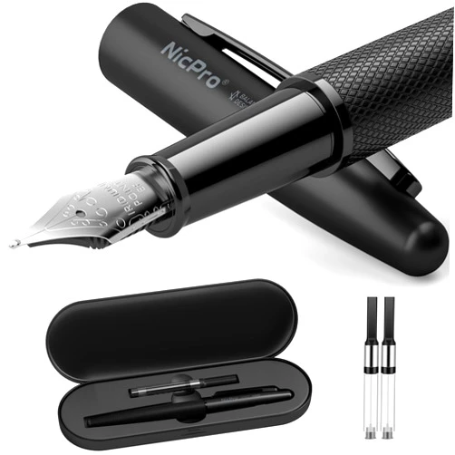 Nicpro Fountain Pen Set, Classic Black Fancy Pen, 0.38mm Extra Fine Nib with Ink Refill Converter, Metal Pen Case Smooth Writing Calligraphy Refillable Pen for Men Women Professional, Office, Business