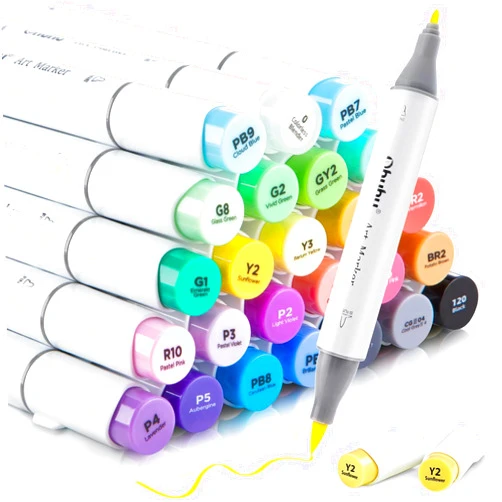 Ohuhu Alcohol Markers Brush Tip, Double Tipped Alcohol Based Art Marker Set for Artist Sketching Adult Coloring Illustration - 24 Basic Colors w/ 1 Colorless Blender - Brush & Fine - Honolulu B