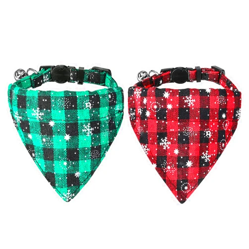 VMPETV Cat Collar Breakaway Kitten Collar with Bell and Cat Bandana (2 Pack), Removable Safety Cat Collars for Boy Cats, Cute Plaid Snowflake Xmas Cat Accessories for Kitty, Puppy 2 Pcs Scarf