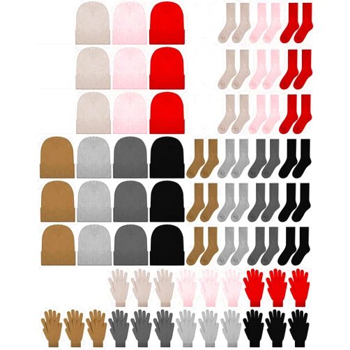 Skicuff 72 Pcs Winter Beanies Hat Gloves Set with Socks Bulk Unisex Knit Cap Gloves Socks Pack for Homeless Men Women Gift