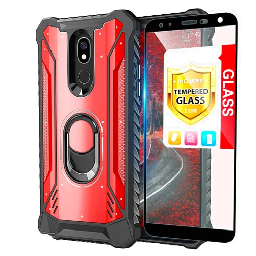 TJS Phone Case Compatible with LG K40/K12 Plus/X4/Solo LTE/Harmony 3/Xpression Plus 2 [Full Coverage Tempered Glass Screen Protector] Aluminum Ring Magnetic Support Built-in Metal Plate Back (Red)
