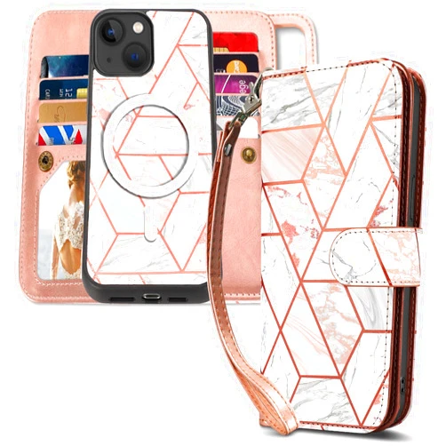 CASEOWL iPhone 14 Wallet Case [Compatible with Magsafe Charger] Magnetic Detachable Folio Leather iPhone 14 Case Wallet with 9 Card Holder [RFID Blocking], Hand Strap for Women Girls, Marble Pink