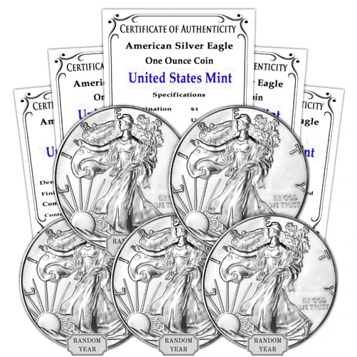 MINT STATE GOLD 1986 - Present (Random Year) Lot of (5) 1 oz Silver American Eagle Coins Brilliant Uncirculated (Type 1 or 2) with Certificates of Authenticity $1 Seller BU