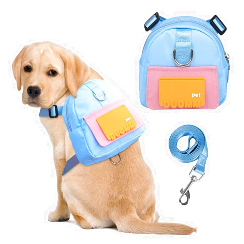 DoggieKit Dog Backpack Harness with Leash,Cute Pet Puppy Backpacks Bulid-in Dog Poop Bag Dispenser,Adjustable Pets Self Carrier Bag for Small Medium Dogs Travel Hiking Daily Walking (M, Blue)