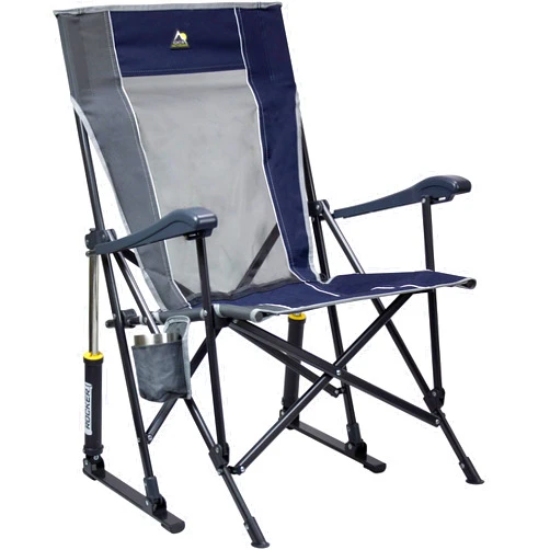 GCI OUTDOOR RoadTrip Rocker Camping Chair | Portable, Folding Rocking Chair with Solid, Durable Armrests, Drink Holder & Comfortable Extended Backrest — Indigo Blue