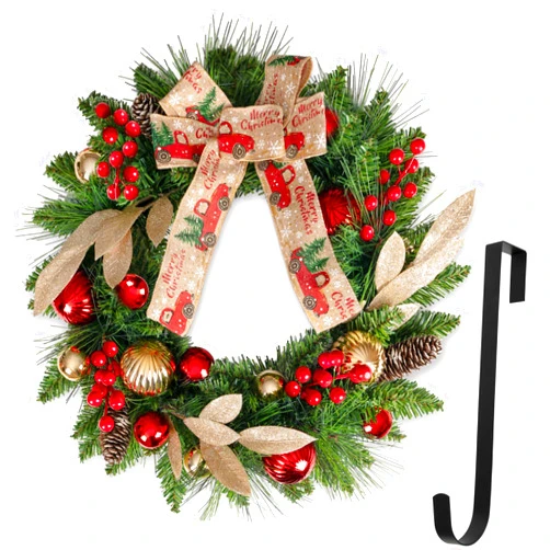 VENTIMI Christmas Wreath for Front Door, 16 Inch Christmas Wreaths with Khaki Bow & Ball Ornaments, Christmas Decor for Windows, Outdoor Indoor Christmas Decorations with 11 Inch Metal Hanger