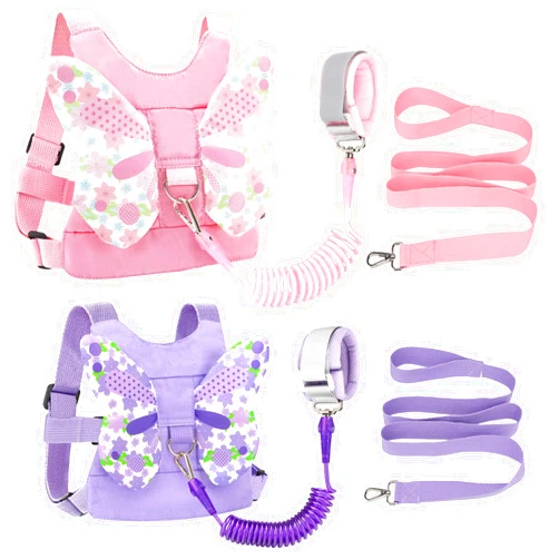 Accmor Toddler Harness Leash + Anti Lost Wrist Link, 2 Pack Cute Kids Butterfly Harness Leashes, Adorable Baby Leash Walking Assistant Wristband Strap Tether for Girls Outdoor (Pink + Purple)
