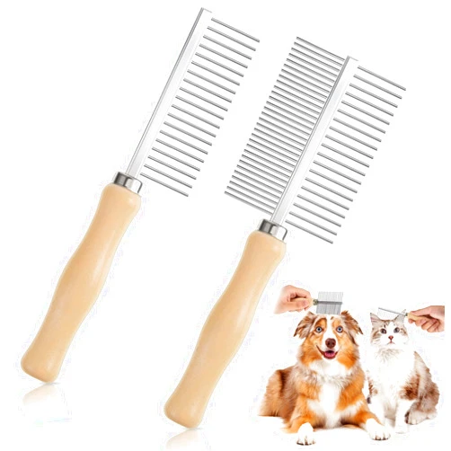 Tessco Stainless Steel Pet Grooming Comb Set - 2 Pcs Double-Sided Metal Combs with Wooden Handles for Dogs and Cats, Long and Short Fur, Flea Removal Brush Tool