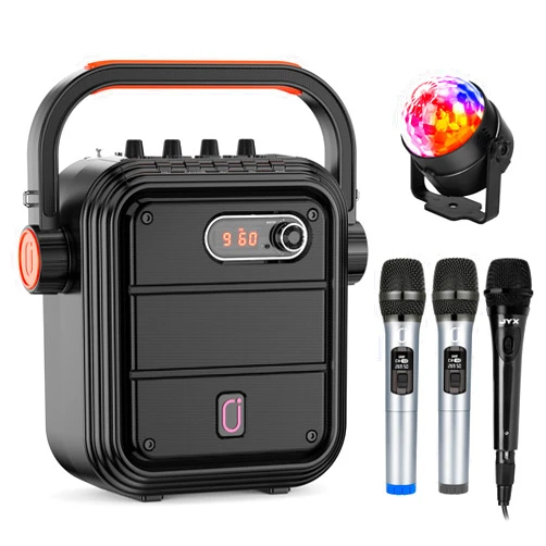 JYX Karaoke Machine with 3 Mics and Disco Light, 5200mAh Portable Microphone Speaker Set Bluetooth 5.0 Rechargeable PA System with TWS, FM, REC, Supports Bluetooth/USB/TF Card/Aux-in for Party
