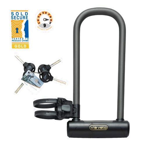 Via Velo Bike U Lock Longer | Pro U Lock 20CrMnTi Steel Anti-Theft 16mm Shackle with Bracket and Sold Secure Gold Approval for Road, Mountain, Electric, Folding Bikes and Electric Scooters