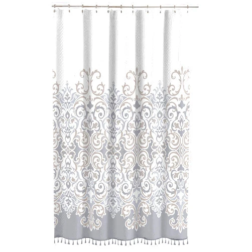 Sicily Collection Decorative Floral Fabric Shower Curtain: Elegant Style Grey, Bronze, White with Fringe