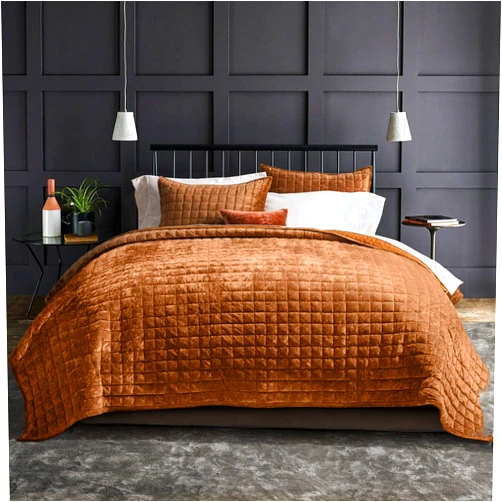 RECYCO Luxury Velvet Quilt Set King Size, Lightweight Velvet Comforter Set, Oversized Bedspread Quilted Coverlet Velvet Bedding Set, with 2 Shams, Rusty Burnt Orange