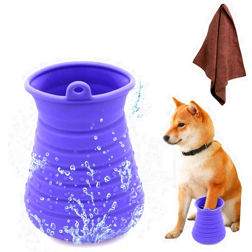 Idepet Dog Paw Cleaner Cup with Towel Pet Foot Washer Protable Dogs Cleaning Brush for Puppy Cats Massage Grooming Dirty Claws (Purple)
