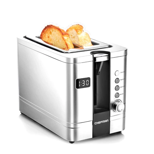 Chefman 2-Slice Digital Toaster, Pop-Up, Stainless Steel, Extra-Wide Slots For Bagels, Defrost, Reheat, Cancel Functions, Removable Crumb Tray