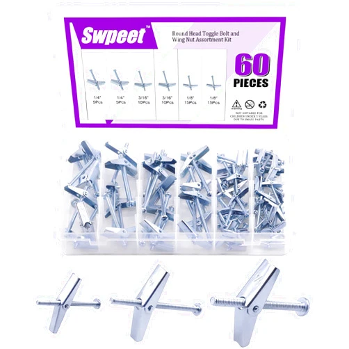 Swpeet Assorted 60 Pcs Toggle Bolt and Wing Nut Kit for Hanging Heavy Items on Drywall - 1/8 Inch, 3/16Inch, 1/4Inch