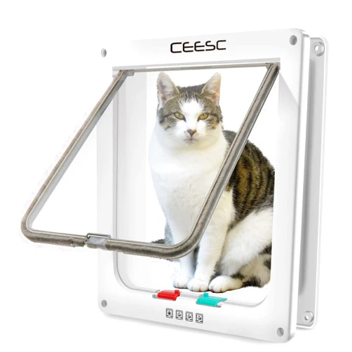 CEESC Large Cat Flap (Outer Size 28cm x 25cm), 4-Way Locking Cat Flap for Cats and Small Dogs with Circumference <63cm, Easy to Install and Use