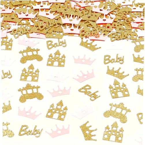Funmemoir 200pcs Princess Baby Shower Confetti - Pink and Gold Princess Baby Shower Decorations for Girl, Glitter Crown, Carriage, Castle Confetti, Baby Princess Table Scatter for Gender Reveal