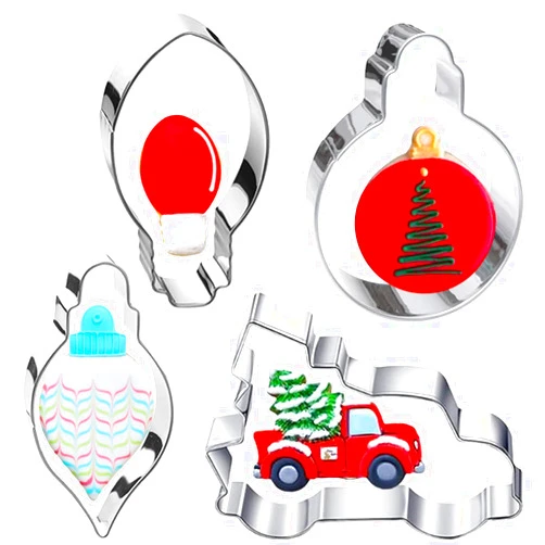 Kanehosi Christmas Ornament Cookie Cutters 4Pcs, Large Christmas Tree Car Light Ornament Shapes Cookie Cutters, Metal Dough Fondant Biscuit Molds for Baking Decorating Home Kitchen