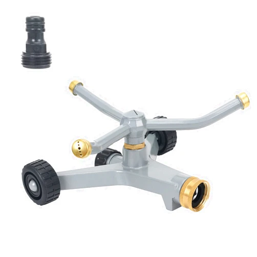 STYDDI Metal Rotating Water Sprinkler for Lawn, Heavy Duty Metal 3-Arms Whirling 360 Degree Automatic Rotary Lawn Sprinkler with Wheeled Base for Small Lawn and Garden, Yard, Cover up to 1,384 Sq. ft.