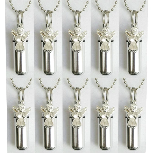 Pasco Specialty Products Wholesale Set of Ten Silver Praying Angel ANOINTING Oil Holders - Laser Engraved with Hearts - Includes 10 Velvet Pouches, 10 Ball-Chains & Funnel