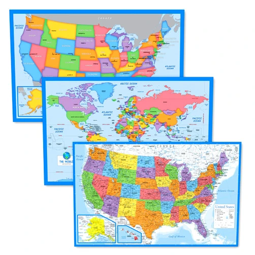 Palace Learning 3 Pack - World Map & USA Map for Kids + Blue Ocean World Map - 3 Poster Set (LAMINATED, 18