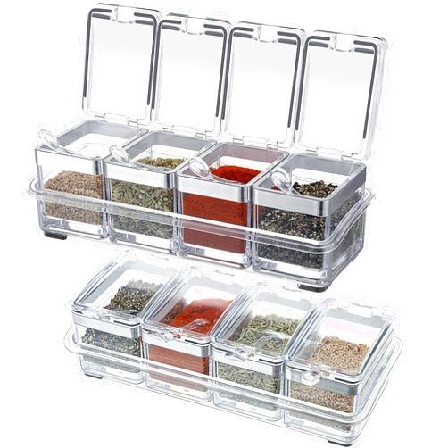 Eccliy 2 Set Acrylic Seasoning Organizer Box 8 Pcs Clear Seasoning Rack Spice Pots Condiments Containers with Lids and Spoons Storage Container Spice Jar for Spice Salt Sugar Cruet Kitchen Cooking Organizer