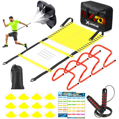 X-UMEUS Agility Ladder Speed Training Equipment Set-20ft Agility Ladder,12 Soccer Cones,4 Hurdles, Jump Rope, Running Parachute| Basketball Football Soccer Training Equipment for Kids Youth Adults