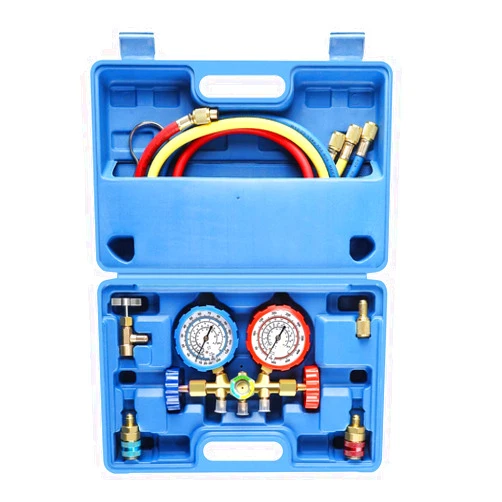 Orion Motor Tech 3 Way AC Diagnostic Manifold Gauge Set for Freon Charging, Fits R134A R12 R22 and R502 Refrigerants, with 3FT Hose, Tank Adapters, Quick Couplers and Can Tap